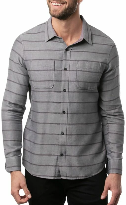 TravisMathew Men's Lights Out Button-Up Flannel Golf Shirt For Men Heather Grey Pinstripe -TravisMathew Sales Store unnamed file 1155