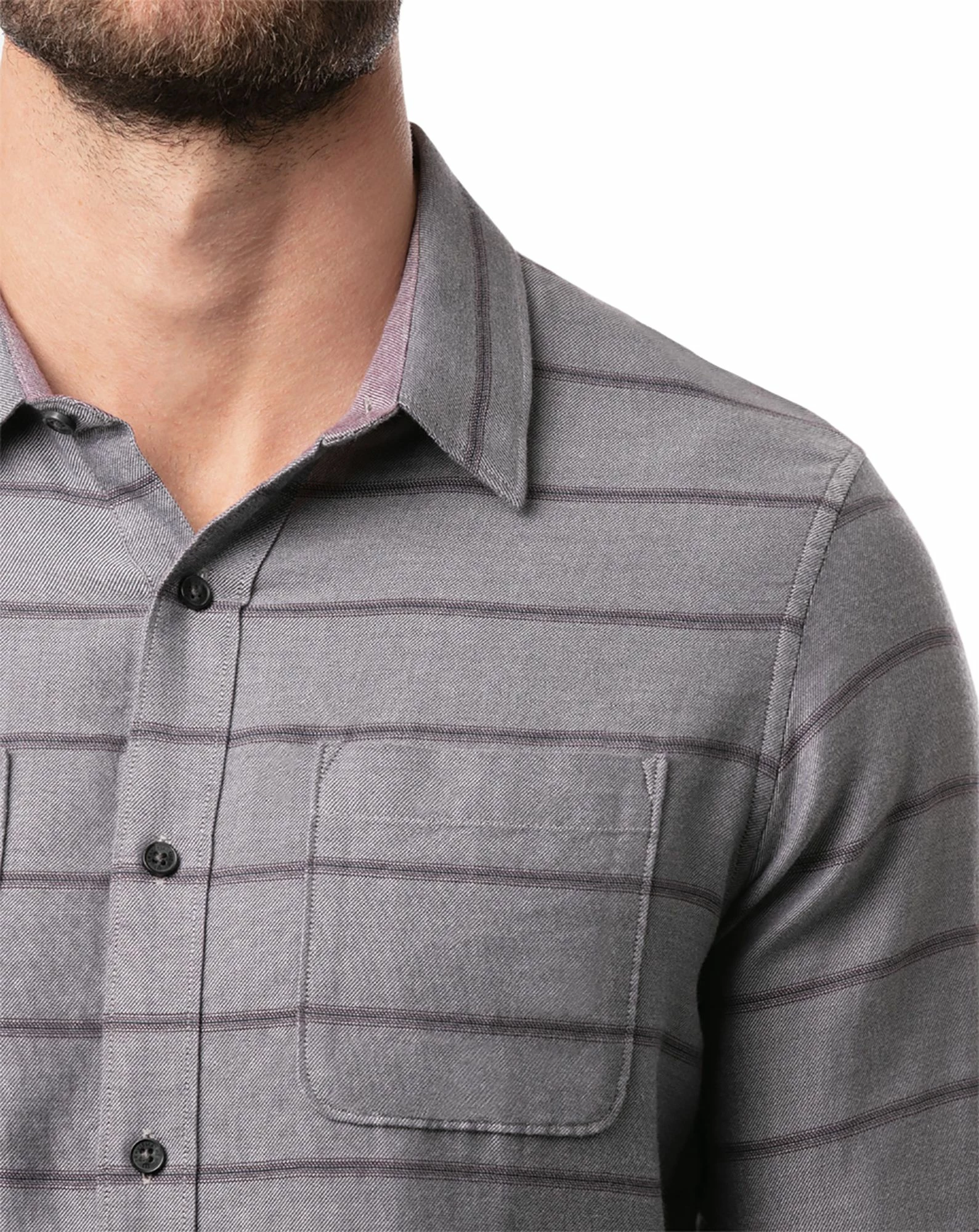TravisMathew Men's Lights Out Button-Up Flannel Golf Shirt For Men Heather Grey Pinstripe 6 TravisMathew Men's Lights Out Button-Up Flannel Golf Shirt For Men Heather Grey Pinstripe - Image 4