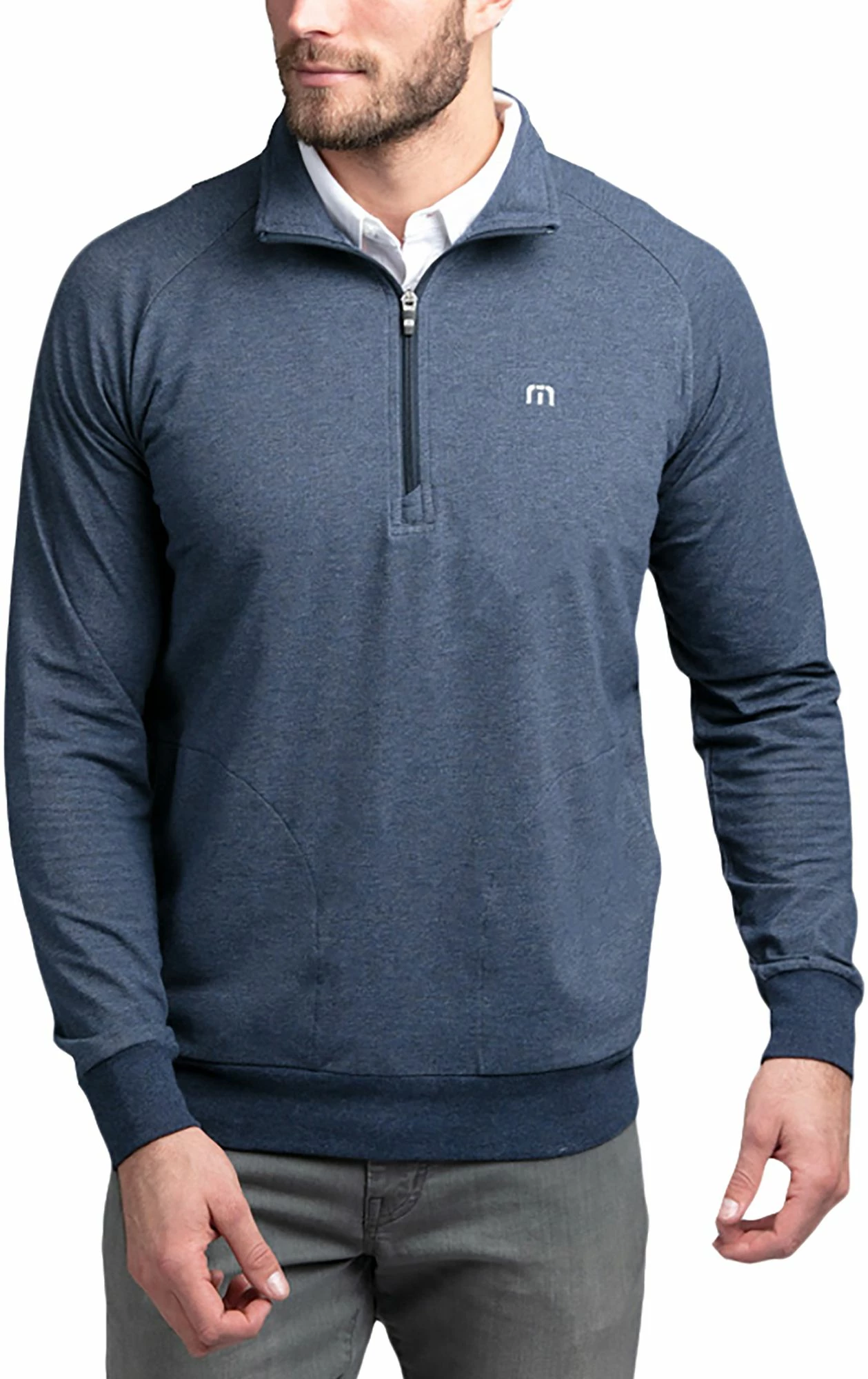 TravisMathew Men's Zachary 1/4 Zip Golf Pullover For Men Heather Light Blue 2 TravisMathew Men's Zachary 1/4 Zip Golf Pullover For Men Heather Light Blue
